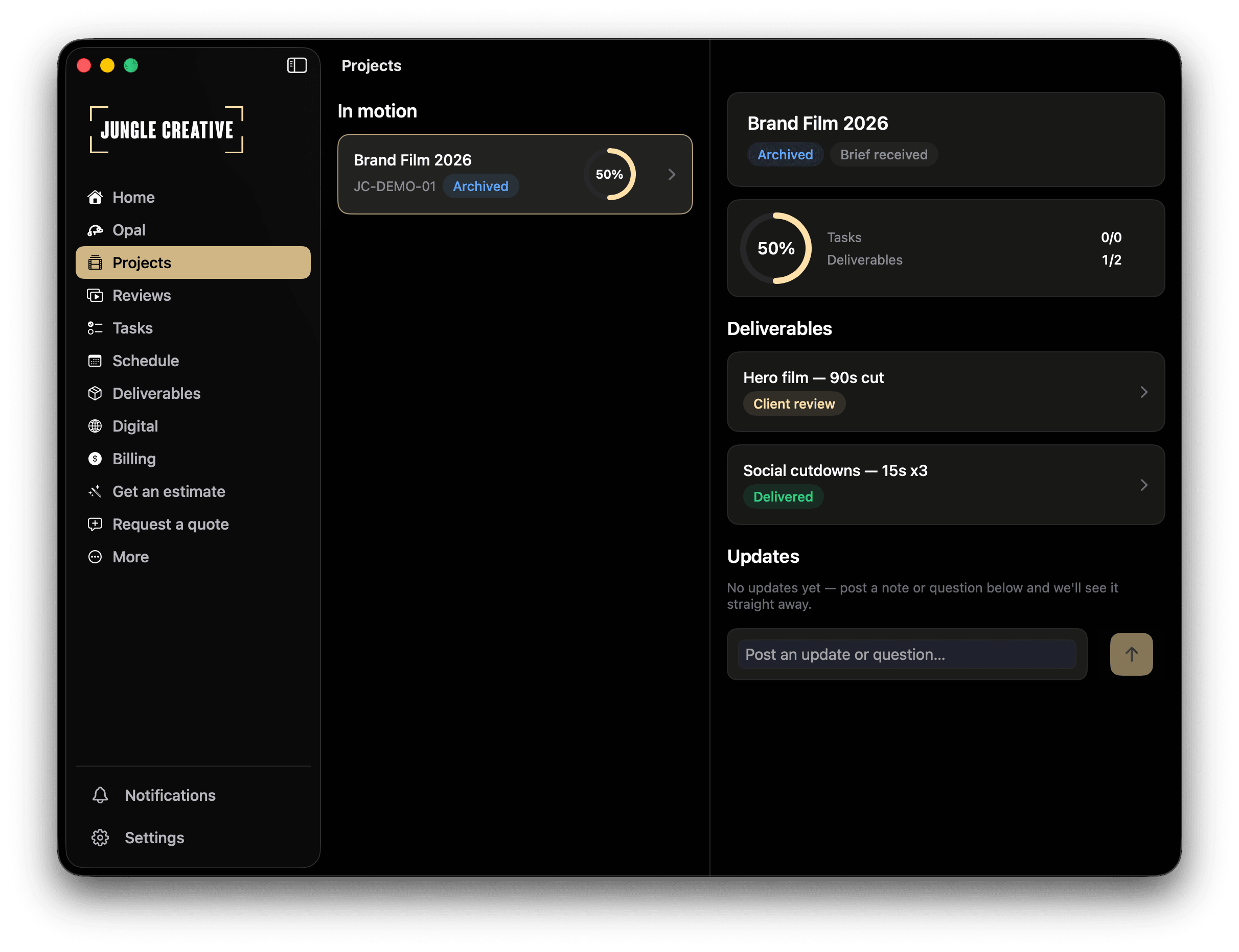 Project progress and deliverables in the Jungle Creative Mac app