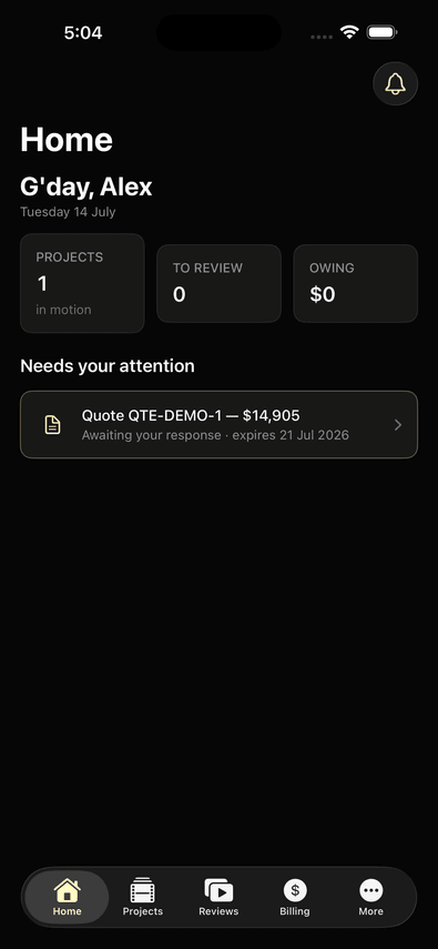 Jungle Creative iPhone app — client project dashboard