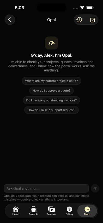 Opal, the built-in portal assistant, in the Jungle Creative iPhone app