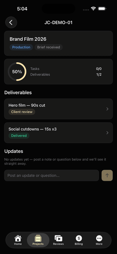 Project progress, deliverables and updates in the Jungle Creative iPhone app